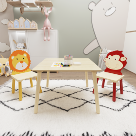 Kids Table and 2 Chairs Set, 3 Pieces Toddler Table and Chair Set, Wooden Activity Play Table Set (Lion&Monkey)