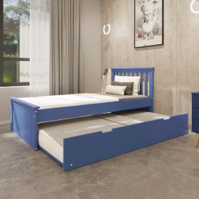 Yes4wood Blue Twin Bed with Trundle, Solid Wood Malibu Bed Frame with Twin Size Pull-Out Trundle for Kids and Toddlers