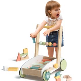 ROBOTIME Wooden Baby Push Walker Toy with Blocks Learning Walker Toddler