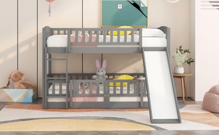 Bunk Bed with Slide; Twin Over Twin Low Bunk Bed with Fence and Ladder for Toddler Kids Teens Grey