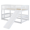 Bunk Bed with Slide; Twin Over Twin Low Bunk Bed with Fence and Ladder for Toddler Kids Teens White