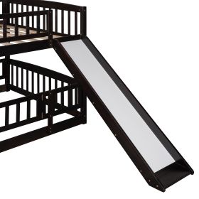 Bunk Bed with Slide; Full Over Full Low Bunk Bed with Fence and Ladder for Toddler Kids Teens Espresso