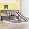 Bunk Bed with Slide; Full Over Full Low Bunk Bed with Fence and Ladder for Toddler Kids Teens Gray