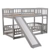 Bunk Bed with Slide; Twin Over Twin Low Bunk Bed with Fence and Ladder for Toddler Kids Teens Grey