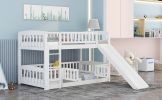 Bunk Bed with Slide; Twin Over Twin Low Bunk Bed with Fence and Ladder for Toddler Kids Teens White