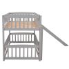 Bunk Bed with Slide; Twin Over Twin Low Bunk Bed with Fence and Ladder for Toddler Kids Teens Grey