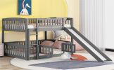 Bunk Bed with Slide; Full Over Full Low Bunk Bed with Fence and Ladder for Toddler Kids Teens Gray