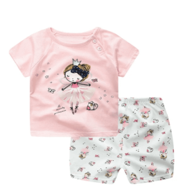 Cartoon Clothing Baby Boy Summer Clothes T-shirt Baby Girl Casual Clothing Sets (Option: Pink-110cm)